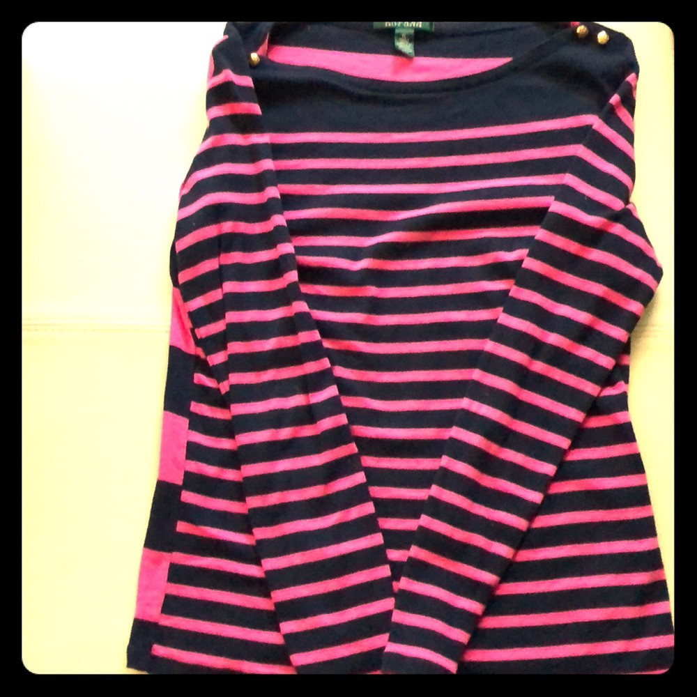 Pink and navy stripped shirt.
